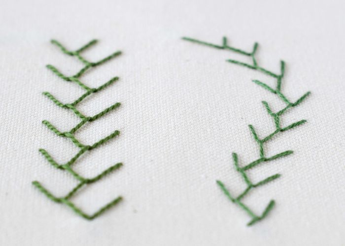Broderie Feather Stitch avec des fils verts