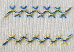 Laced Herringbone Stitch embroidery with two colors of pearl cotton