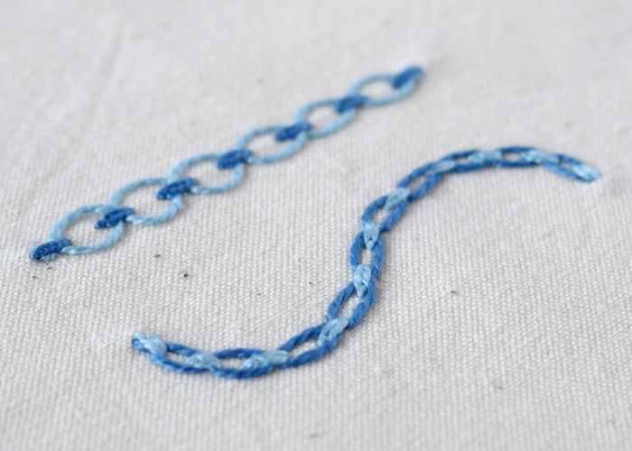 Threaded Lazy Daisy Stitch embroidery with blue pearl cotton threads